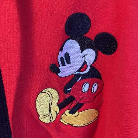 Mickey Mouse cropped red hoodie size Large. Black writing. Embroidered Mickey - Picture 2 of 12